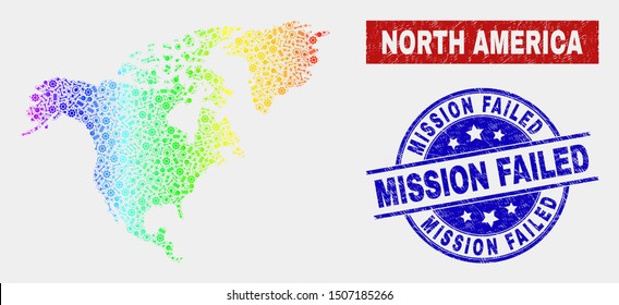 Constructor North America map and blue Mission Failed scratched seal. Spectral gradient vector North America map mosaic of tools. Blue round Mission Failed seal.