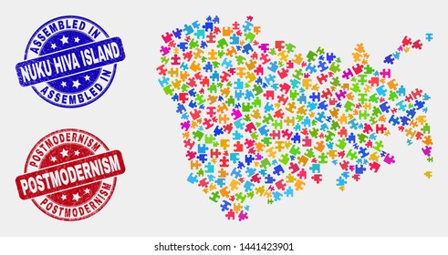 Constructor Nuku Hiva Island map and blue Assembled seal stamp, and Postmodernism grunge seal stamp. Colored vector Nuku Hiva Island map mosaic of plugin. Red rounded Postmodernism rubber.