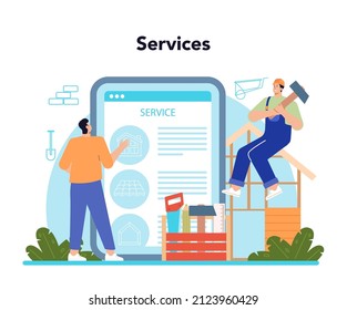 Constructor online service or platform. House and road building process. Workers using constructing tools and materials, bricklayer, concrete maker, carpenter. Flat vector illustration