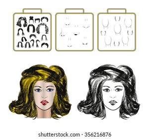 Constructor of pop art girl women full faces set. Part 1.