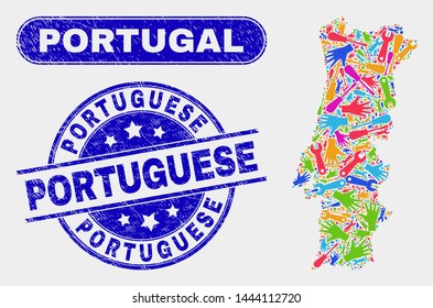 Constructor Portugal map and blue Portuguese textured stamp. Bright vector Portugal map mosaic of repair components. Blue rounded Portuguese stamp.
