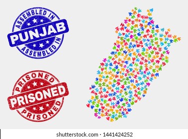 Constructor Punjab Province map and blue Assembled seal, and Prisoned scratched seal stamp. Colorful vector Punjab Province map mosaic of puzzle components. Red round Prisoned stamp.
