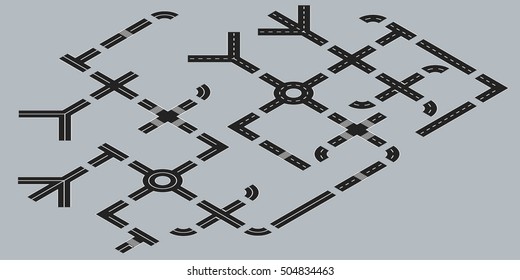 Constructor roads in isometric view. Isometric road elements. Create your own isometric city road. Vector illustration.