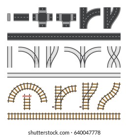 Constructor roads set. Flat road elements. Create your own city and rail road. Connectable road elements. Vector illustration