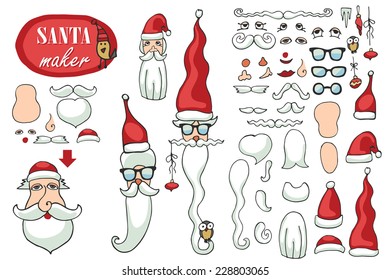 Constructor or Santa Claus face. Faces,hats,mustache,beard,glasses to create a face of Santa Claus. Easy to make your Santa.Humor Christmas,new year.Hipster Vector set