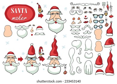 Constructor or Santa Claus face. Faces,hats,mustache,beard,glasses to create a face of Santa Claus. Easy to make your Santa.Humor Christmas,new year.Vector set