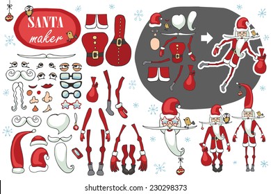 Constructor or Santa Claus. Faces,body part.hats,mustache,beard,glasses to create different Santa Claus. Easy to make your Santa.Humorous Christmas,new year.Vector set