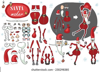 Constructor or Santa Claus. Faces,body part.hats,mustache,beard,glasses to create different Santa Claus. Easy to make your Santa.Humorous hipster Christmas,new year.Vector set