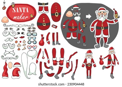 Constructor or Santa Claus. Faces,body part.hats,mustache,beard,glasses to create different Santa Claus. Easy to make your Santa.Humorous Christmas,new year.Vector set