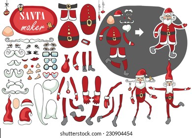 Constructor or Santa Claus. Faces,body part.hats,mustache,beard,glasses to create different Santa Claus. Easy to make your Santa.Humorous hipster Christmas,new year.Vector set