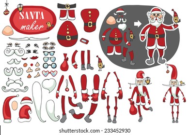 Constructor or Santa Claus. Faces,body part.hats,mustache,beard,glasses to create different Santa Claus. Easy to make your Santa.Humorous Christmas,new year.Vector set