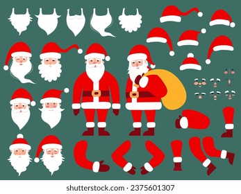Constructor of Santa Claus flat style. Different faces, Christmas hats, mustache, beard and body part vector set. Santa Claus creation kit vector flat style.