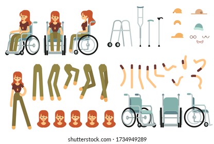 Constructor set for disabled woman creation cartoon style, vector illustration isolated on white background. Body parts of female wheelchair user character and support equipment and emotions