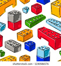 Constructor set. Hand drawn seamless pattern. Cartoon colored art. Vector illustration.