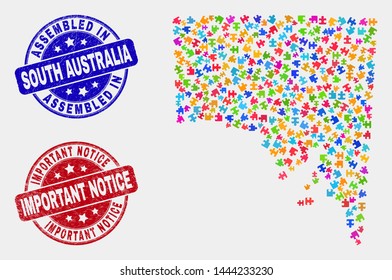 Constructor South Australia map and blue Assembled seal stamp, and Important Notice scratched seal stamp. Colored vector South Australia map mosaic of puzzle bricks. Red round Important Notice stamp.