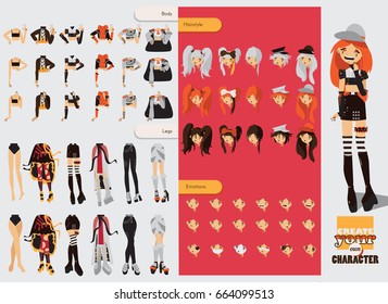 Anime girls character kit. Manga japanese style woman with various face  emotions hands and legs position, hairstyles kawaii asian teen in cosplay  clothes vector comic female cartoon set Stock Vector