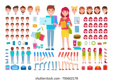 Constructor students isolated vector illustration on white. Cartoon icons of happy boy and girl, female and males heads, various bags and educational supplies