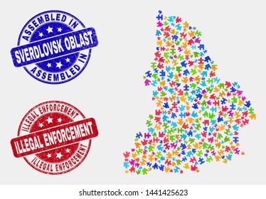 Constructor Sverdlovsk Region map and blue Assembled stamp, and Illegal Enforcement scratched stamp. Bright vector Sverdlovsk Region map mosaic of puzzle. Red rounded Illegal Enforcement stamp.