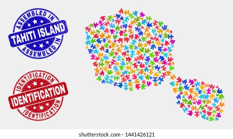 Constructor Tahiti Island map and blue Assembled stamp, and Identification grunge seal stamp. Colored vector Tahiti Island map mosaic of bundle. Red rounded Identification stamp.