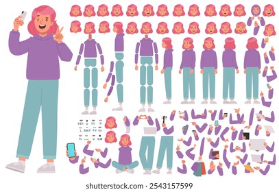 Constructor of a teenage girl character who is into video blogging. Blogger student, young girl with pink hair. Set of body positions, arms and legs, head and different emotions to create animations 