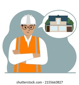 The constructor is thinking about building a house. A smiling man in a hardhat and a vest is planning a work process. Engineer, house construction concept. Vector
