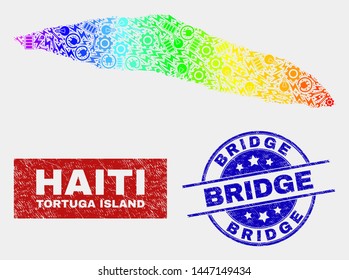 Constructor Tortuga Island of Haiti map and blue Bridge textured seal. Rainbow colored gradient vector Tortuga Island of Haiti map mosaic of repair parts. Blue rounded Bridge seal.