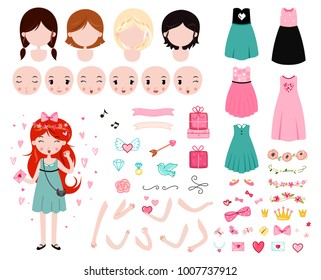 Constructor for valentines day. Adorable young girl with romantic accessories. Template for poster, card, your site, etc. Vector illustration isolated on white background. Layered.