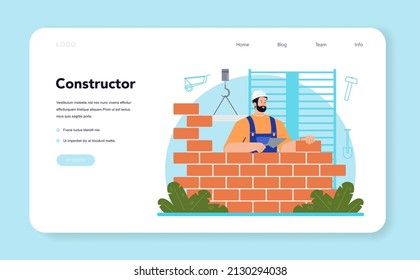 Constructor web banner or landing page. House and road building process. Workers using constructing tools and materials. City area development. Flat vector illustration