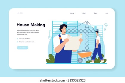 Constructor web banner or landing page. House and road building process. Workers using constructing tools and materials. City area development. Flat vector illustration
