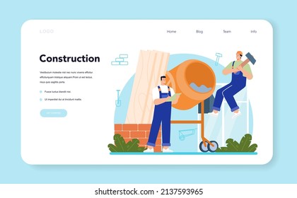 Banner web de constructor o página de inicio. Proceso de construcción de casas y carreteras. Trabajadores que utilizan herramientas y materiales de construcción. Desarrollo del área urbana. Ilustración vectorial plana