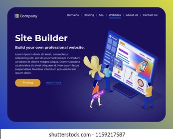 Constructor of web pages and websites. People in the flat 3d isometric style collect a site from blocks. Creative team at work, they are developing a responsive website. Modern template for website.