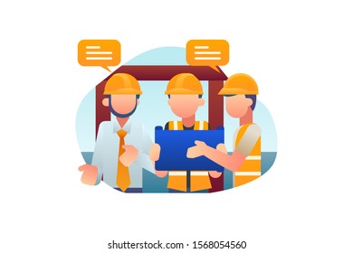 Constructor, Worker and Architect Vector Are Discussing While Holding The Blueprint Of Building Project To Be Worked On