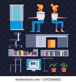 Constructor of your own work space. Pixel art. Business Man working on workplace in the modern office. Woman character sitting at a desk and working on computer back view. Isolated vector illustration