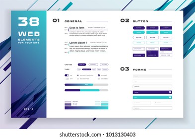 Constructor for your site, ui kit. Flat design web elements: icons, forms, button, infographic, check box, radio button, switch button, loading, status bar, text and color setting. Abstract background