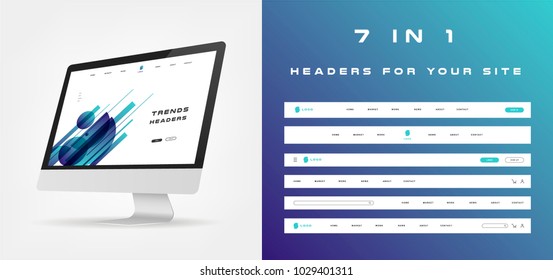 Constructor for your site, ui kit. Flat design web elements for header and slider. Navigation on abstract background with gradients
