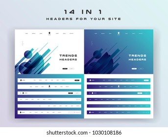 Constructor for your site, ui kit. Flat design web elements for header and slider. Navigation on abstract background with gradients
