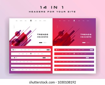 Constructor for your site, ui kit. Flat design web elements for header and slider. Navigation on abstract background with gradients
