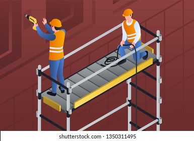 Constructors on scaffold banner. Isometric illustration of constructors on scaffold vector banner for web design