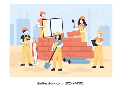 Constructors in uniform building house flat vector illustration. Kids working together, setting bricks, holding shovel and hummer. Workers, occupation concept