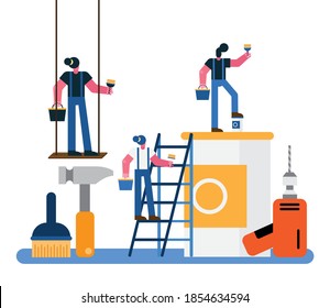 constructors workers team remodeling with painting equipment vector illustration design