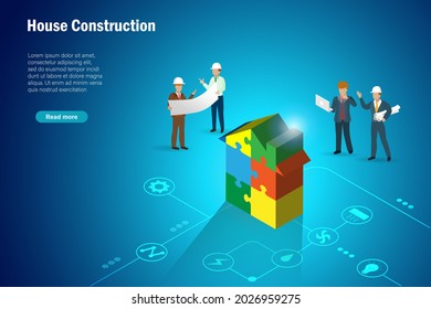 Constuction Industry Project And Smart Home Concept. Construction Engineer Team Inspect And Discuss On Facilities And Progression On Building House In Jigsaw Puzzle. Isometric Vector.