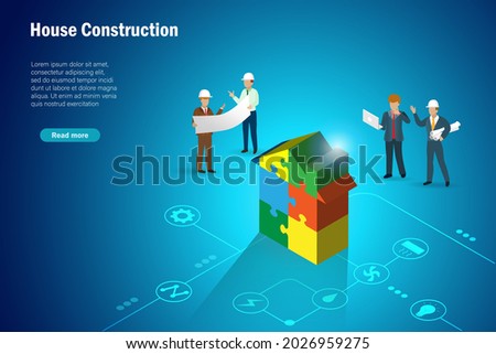 Constuction industry project and smart home concept. Construction engineer team inspect and discuss on facilities and progression on building house in jigsaw puzzle. Isometric vector.