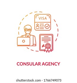 Consular agency concept icon. Tourist visa application. Diplomatic mission idea thin line illustration. Foreign country travel document. Vector isolated outline RGB color drawing