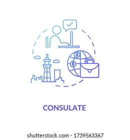 Icono de concepto de consulta. Misión diplomática. Ilustración de la idea de la organización internacional en línea delgada. Representante de un país extranjero. Dibujo de color RGB con contorno aislado de vectores