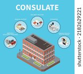 Consulate isometric background representing financial support document recovery extradition communication with relatives abroad functions vector illustration