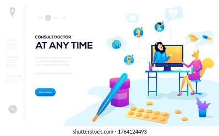 Consult doctor at any time background. Modern illustration slider site page. The concept of a doctor at any time. Web banner doctor's appointment at home. Vector design image.