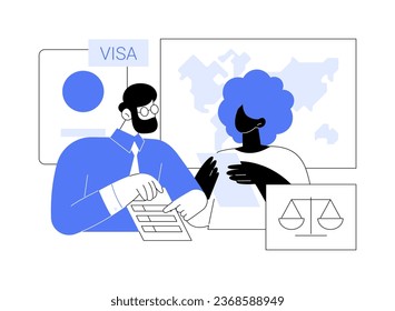 Consult an immigration lawyer abstract concept vector illustration. Citizen talking with immigration lawyer in office, government services, embassy industry, advocate occupation abstract metaphor.