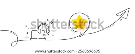 Consult line icon. Continuous line with share plane. Online consulting sign. Laptop with headset symbol. 3d star in speech bubble. Consult single line ribbon. Loop curve pattern. Vector