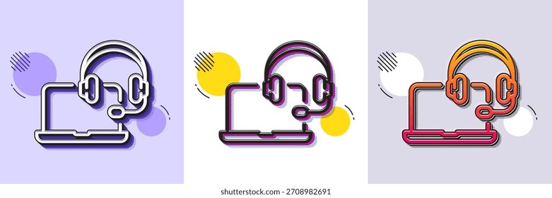 Zeilensymbol anzeigen. Gestricheltes Rastermuster. Farbverlaufssymbol mit Schatten. Zeichen für Online-Beratung. Laptop mit Headset-Symbol. Symbol für Zeilenkonsultation. Verschiedene Designs. Vektorgrafik