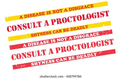 Consult a Proctologist - set of two grunge stamps with medical issue. A disease is not a disgrace. Shyness can be deadly. Print colors used